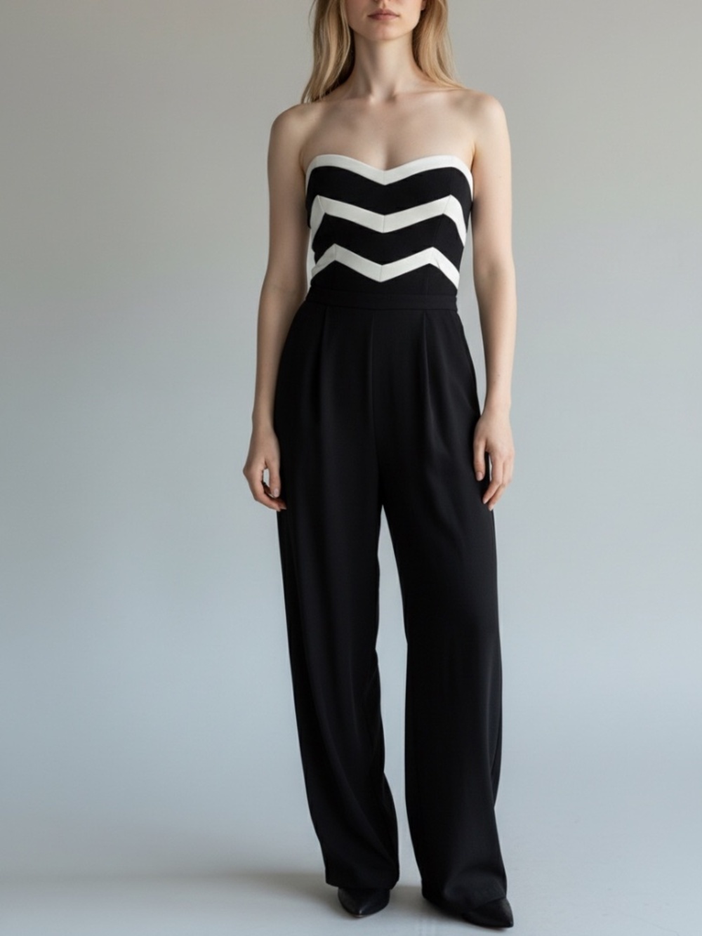 Parker NY Black and White Chevron Strapless Jumpsuit Size Medium